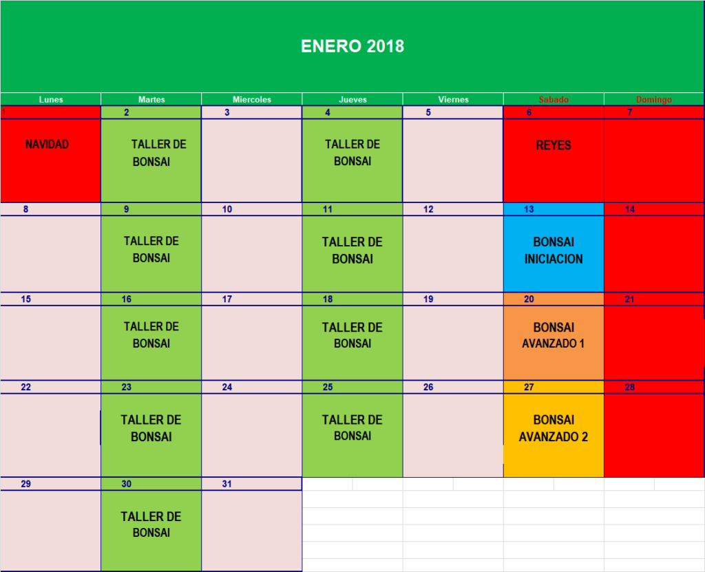 CALENDARIO CURSOS DE BONSAI Y TALLERES 2017-2018